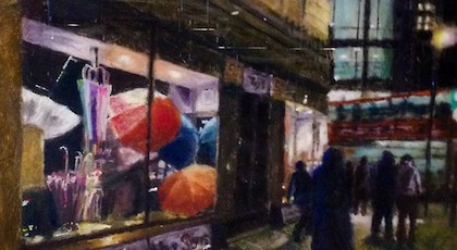 Umbrella Street - Peggy Davidson Post (pastel)